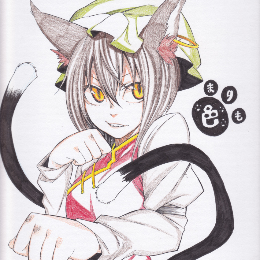 absurdres animal_ears brown_hair cat_ears cat_tail chen colored_pencil_(medium) face foreshortening hands hat highres iro_marimo jewelry long_sleeves multiple_tails paw_print shikishi single_earring slit_pupils solo tail touhou traditional_media yellow_eyes