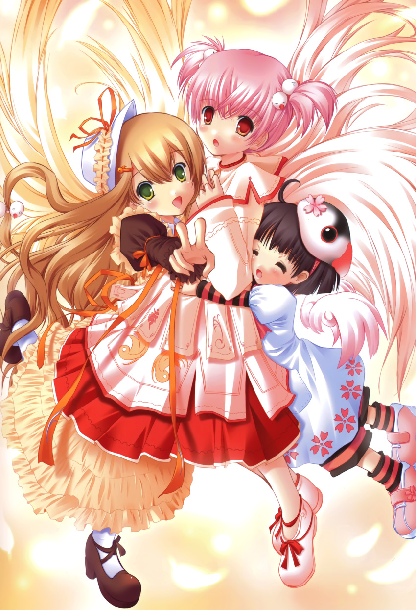 :d absurdres ahoge black_hair brown_hair character_request child closed_eyes copyright_request dress eyes_closed footwear girl_sandwich green_eyes hair_bobbles hair_ornament hairclip hat highres hug long_hair maid mask multiple_girls nimura_yuuji on_one_leg open_mouth pink_hair pleated_skirt red_eyes ribbon shoes short_hair skirt smile socks standing_on_one_leg twintails v