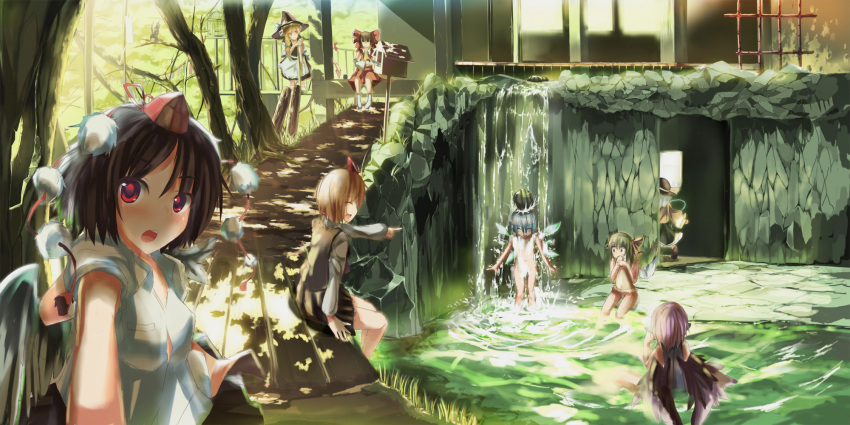 alternate_costume bikini birdcage black_hair blonde_hair cage cirno daiyousei food fruit ha_ru hakurei_reimu hat highres kirisame_marisa komeiji_koishi komeiji_satori looking_at_viewer multiple_girls mystia_lorelei nude red_eyes rumia scenery shameimaru_aya short_hair swimsuit team_9 tokin_hat touhou water waterfall watermelon yakumo_yukari youkai