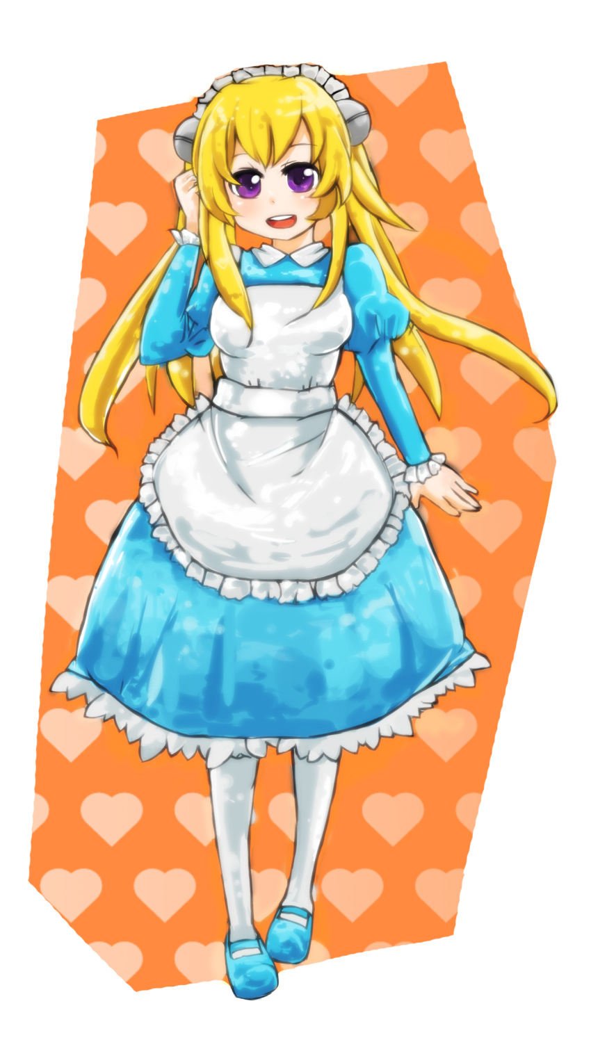 adjusting_hair apron blonde_hair blue_eyes dress frills heart highres lil_miss_marshmallow maid_headdress mother_(game) mother_3 open_mouth smile solo white_legwear