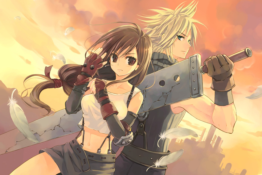 1girl belly belt blonde_hair blue_eyes brown_eyes brown_hair cloud_strife elbow_gloves feather feathers female final_fantasy final_fantasy_vii fingerless_gloves gloves kuga_tsukasa long_hair looking_back low-tied_long_hair male midriff miniskirt navel red_eyes short_hair skirt sleeveless sleeveless_turtleneck spiked_hair suspenders sword tank_top tanktop tifa_lockhart turtleneck weapon