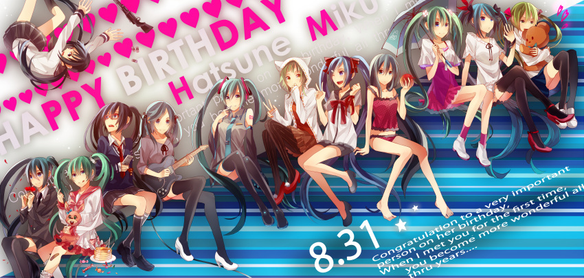 ankle_boots aqua_hair barefoot black_hair black_legwear blue_eyes blue_hair boots brown_legwear cake candy cat_food_(vocaloid) cellphone clock_lock_works_(vocaloid) crossed_legs falling food glasses green_eyes green_hair guitar gun hair_ornament hair_ribbon hairclip hand_to_mouth hatsune_miku high_heels highres hoodie instrument kimi_ijou_boku_miman&#8236;_(vocaloid) kimi_ijou_boku_mimanâ€¬_(vocaloid) loafers long_hair lots_of_laugh_(vocaloid) mashiko melt_(vocaloid) monochro_blue_sky_(vocaloid) multiple_persona necktie panties pantyhose phone pumps red-framed_glasses ribbon romeo_and_cinderella_(vocaloid) romeo_to_cinderella_(vocaloid) saihate_(vocaloid) school_uniform scrunchie sekiranun_graffiti_(vocaloid) serafuku shoes short_hair sitting slit_pupils smile socks songover striped striped_legwear stuffed_animal stuffed_toy symphony_(vocaloid) teddy_bear thigh-highs thigh_boots thighhighs tongue twintails umbrella underwear unhappy_refrain_(vocaloid) upside-down v vertical-striped_legwear vertical_stripes very_long_hair vocaloid weapon world_is_mine_(vocaloid) yellow_eyes