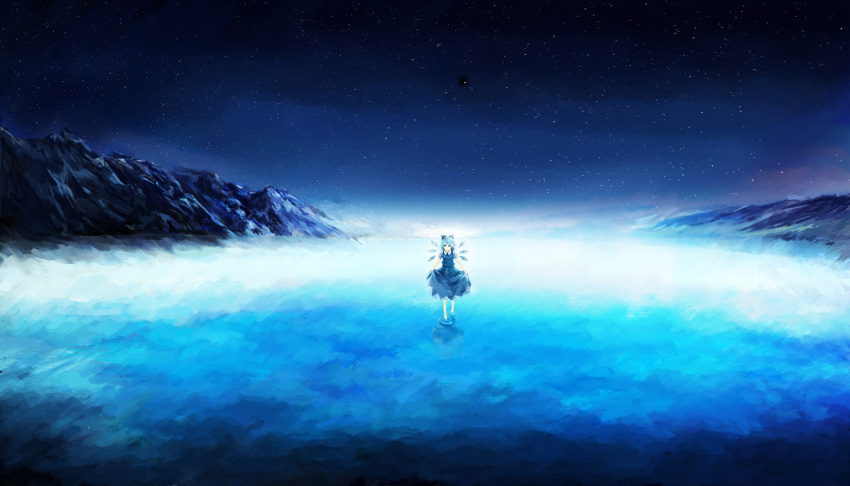 1girl blue_dress blue_hair cirno curtsey dress highres ice ice_wings lake mountain night puffy_sleeves qunqing short_sleeves sky solo star_(sky) starry_sky touhou wings