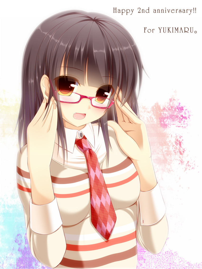 adjusting_glasses argyle black_hair blush breasts fang glasses highres jewelry long_hair necklace necktie open_mouth orange_eyes original red-framed_glasses smile solo striped striped_sweater sweater syroh