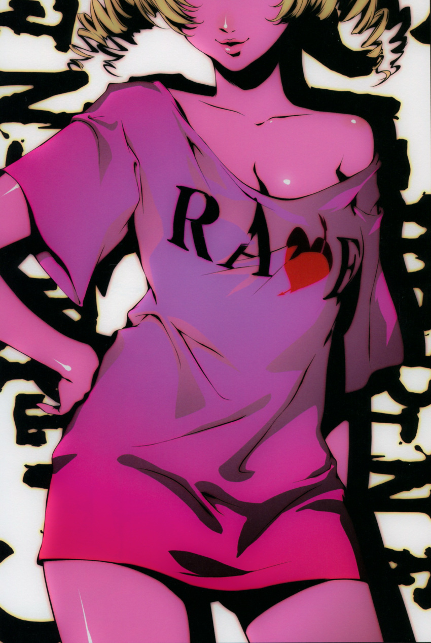 blonde_hair breasts catherine catherine_(game) cleavage clothes_writing clothing_writing curly_hair drill_hair english english_text hand_on_hip head_out_of_frame heart highres hips lips off_shoulder official_art scan shirt smile soejima_shigenori solo standing t-shirt twintails