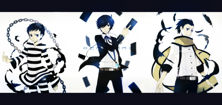 arisato_minato black_hair blue_eyes blue_hair bow card cards chain chains chians child digital_media_player falling_card feathers floating_card hair_over_one_eye highres holding holding_card male mentaishi mochizuki_ryouji multiple_boys persona persona_3 pharos ribbon scarf school_uniform simple_background smile suspenders