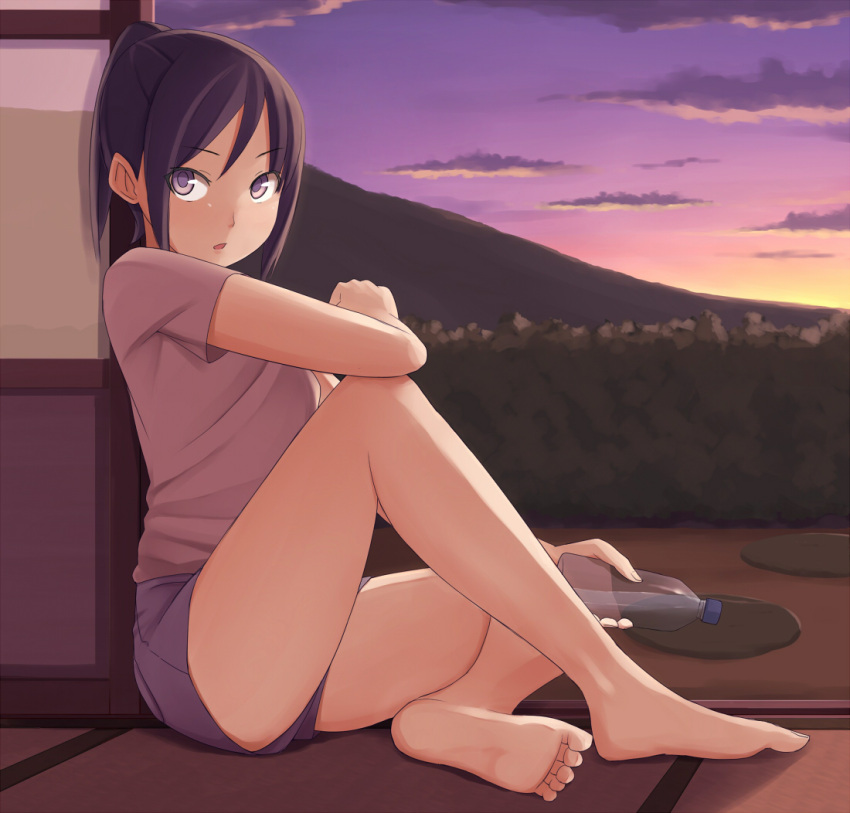 bad_feet barefoot bottle cloud error feet leg_up legs long_hair looking_back open_mouth original pinkwaters ponytail purple_eyes purple_hair shirt shorts soles solo sunset thighs toes violet_eyes water_bottle