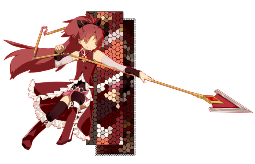:q bare_shoulders black_legwear boots chain chains ciel_arc detached_sleeves frills hair_ribbon long_hair magical_girl mahou_shoujo_madoka_magica pleated_skirt polearm ponytail red_eyes red_hair redhead ribbon sakura_kyouko skirt smile solo spear stained_glass thigh-highs thighhighs tongue weapon