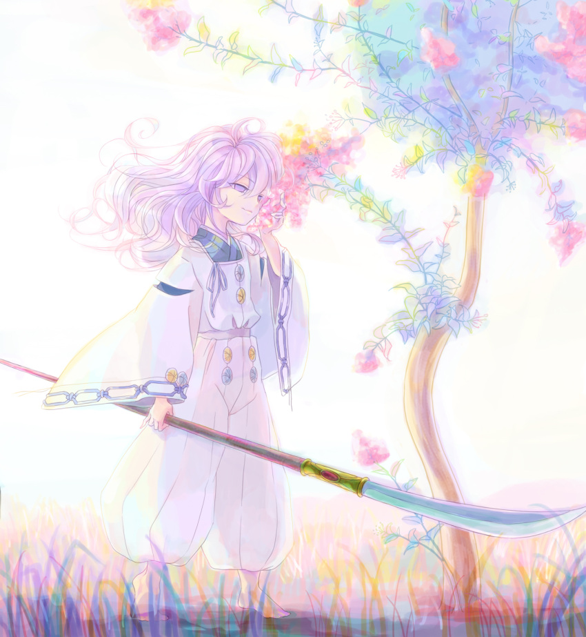 barefoot empty_eyes flower hakudoushi highres inuyasha japanese_clothes lavender_hair long_hair male oroshigane pale_color pale_colors purple_eyes solo standing violet_eyes weapon wide_sleeves