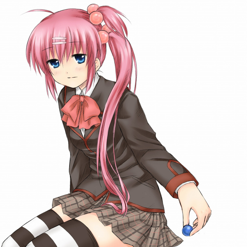 hair_bobbles hair_ornament highres little_busters!! long_hair marble nikotamu plaid purple_hair saigusa_haruka school_uniform side_ponytail striped striped_legwear striped_thighhighs thigh-highs thighhighs