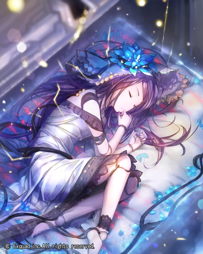 1girl android brown_hair cable dragon's_shadow dress electricity fetal_position flower from_above hair_flower hair_ornament highres long_hair official_art sleeping solo sparks strapless strapless_dress virus_(obsession) watermark white_dress