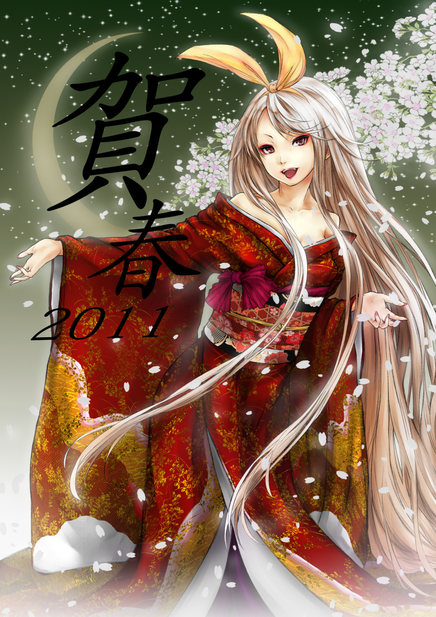 2011 absurdres bare_shoulders crescent_moon embellished_costume eyeshadow flower hair_ribbon highres japanese_clothes kimono lipstick long_hair makeup moon nail_polish new_year obi open_mouth original petals red_eyes ribbon sky smile solo t@kumi tree very_long_hair white_hair
