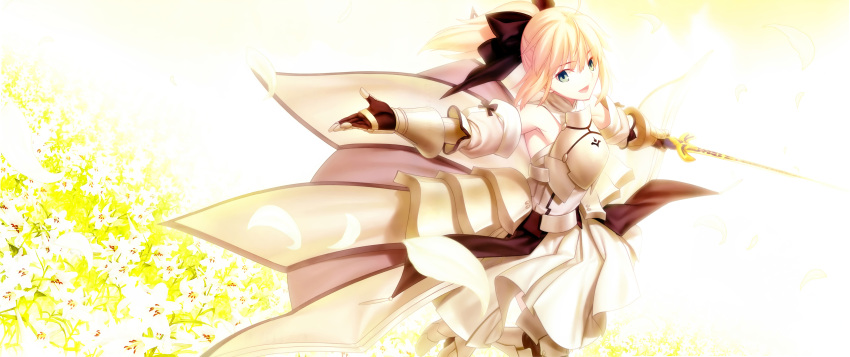absurdres ahoge armor armored_dress bare_shoulders blonde_hair bow detached_sleeves dress fate/stay_night fate/unlimited_codes fate_(series) flower gauntlets green_eyes hair_bow hair_ribbon highres lily_(flower) reaching ribbon saber saber_lily smile solo sword takeuchi_takashi type-moon weapon