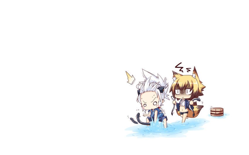 2girls animal_ears blonde_hair chibi foxgirl grey_hair original reku sanbi_(character) sanbi_(reku) shiroko_(character) shiroko_(reku) tail white