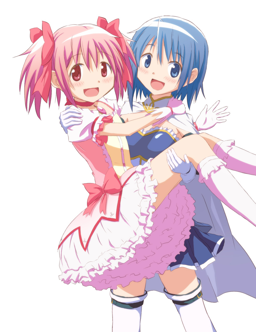 blue_eyes blue_hair bow cape carrying choker gloves gonzaburou hair_bow highres kaname_madoka kneehighs looking_at_viewer magical_girl mahou_shoujo_madoka_magica miki_sayaka multiple_girls official_style pink_eyes pink_hair princess_carry puffy_sleeves short_hair short_twintails simple_background thigh-highs thighhighs tomatokuroneko twintails white_background white_gloves white_legwear