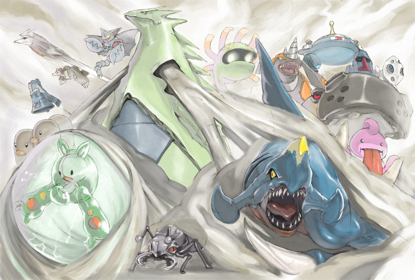 bird bronzong bug cradily drill dugtrio durant epic excadrill flying garchomp gliscor highres hippowdon horn kajihara lickilicky magnezone mandibuzz no_humans nosepass open_mouth pokemon pokemon_(game) pokemon_rse reuniclus rhyperior sand sharp_teeth tongue tongue_out tyranitar wings yellow_eyes