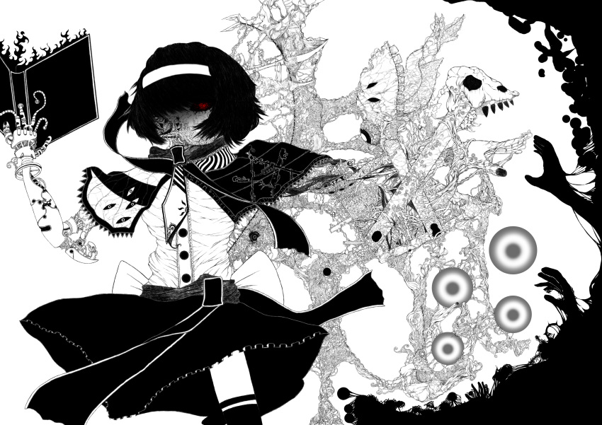 abstract absurdres alice_margatroid black_hair book capelet cross doll_joints eyes glowing glowing_eyes hair_over_one_eye hairband hands highres monochrome red_eyes skull solo spot_color teihen_no_kimura touhou