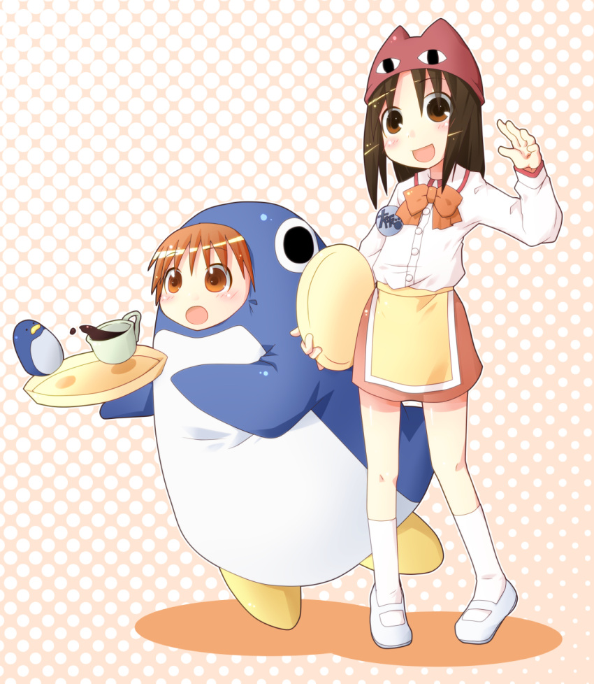 azumanga_daioh azumanga_daiou bird child cup hat highres kasuga_ayumu mihama_chiyo miiyon penguin penguin_costume simple_background tablet teacup tripping waitress
