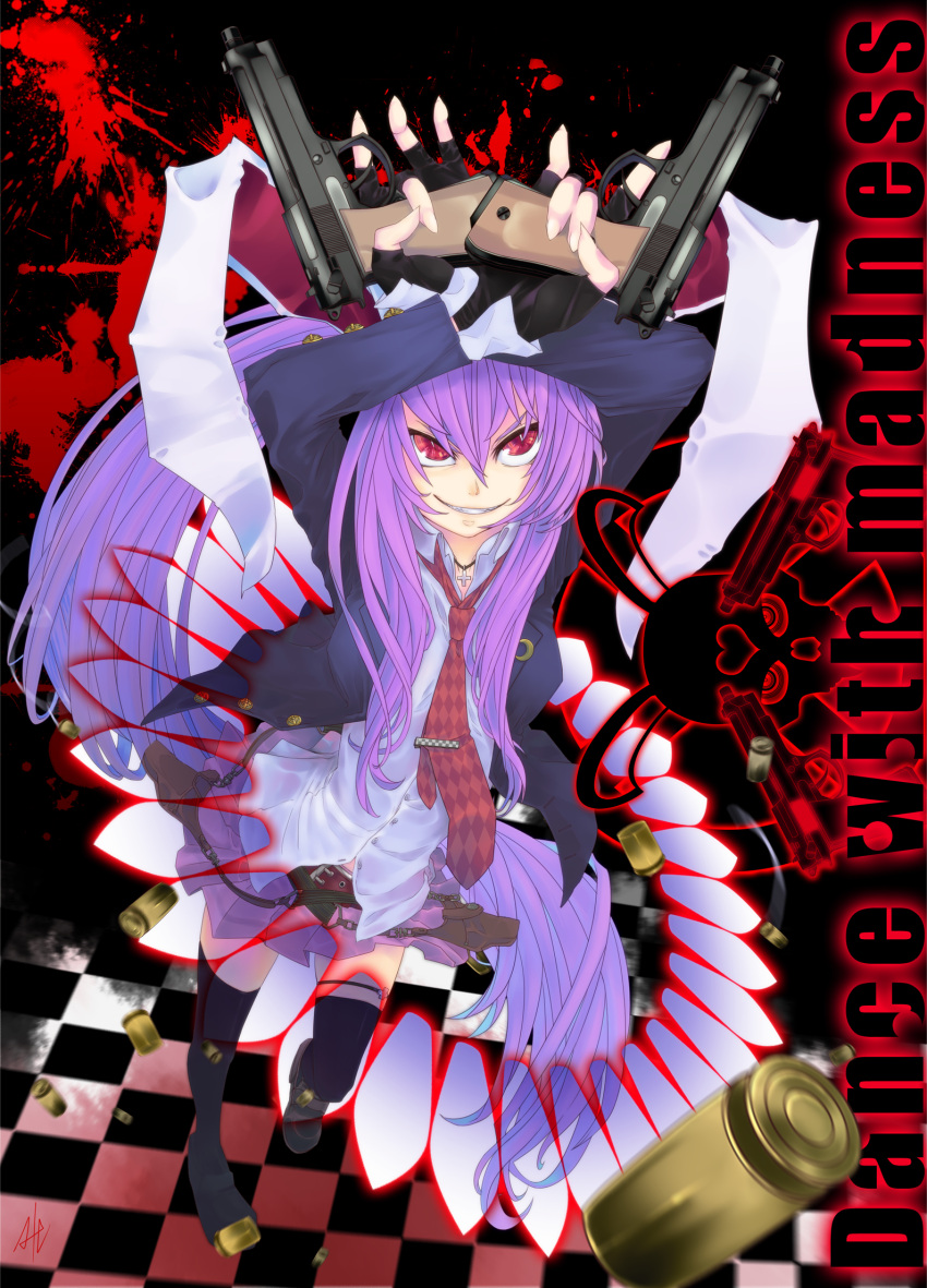 animal_ears belt black_legwear blazer bullet bunny_ears checkered checkered_floor crescent cross dress_shirt dual_wielding english gun highres holster jewelry kumonji_aruto loafers necktie pendant pistol pleated_skirt purple_hair red_eyes reisen_udongein_inaba shirt shoes skirt smile solo thigh-highs thighhighs touhou weapon