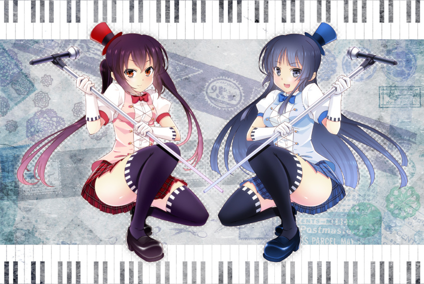 akiyama_mio black_hair black_legwear blue_eyes bowtie breasts brown_eyes clear_moon gloves hat highres hime_cut k-on! long_hair microphone microphone_stand mini_top_hat multiple_girls nakano_azusa piano_keys plaid plaid_skirt pleated_skirt skirt smile squatting thigh-highs thighhighs top_hat twintails vest