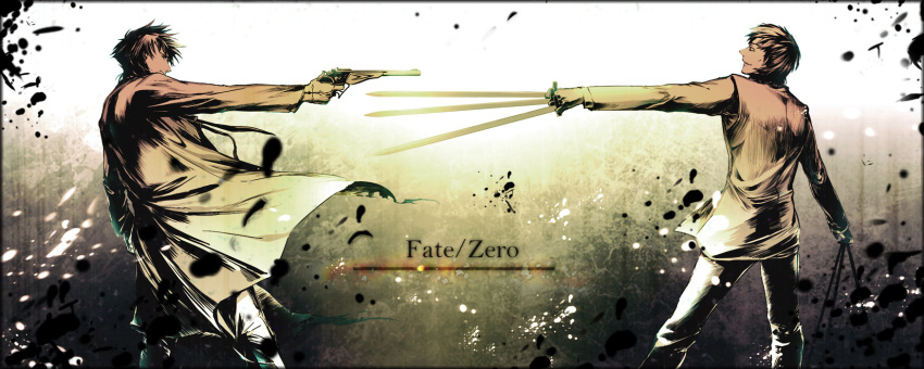 aonome black_key black_keys emiya_kiritsugu fate/stay_night fate/zero fate_(series) fighting gun highres kotomine_kirei long_coat male mexican_standoff multiple_boys muted_color muted_colors short_hair thompson_contender trench_coat type-moon weapon