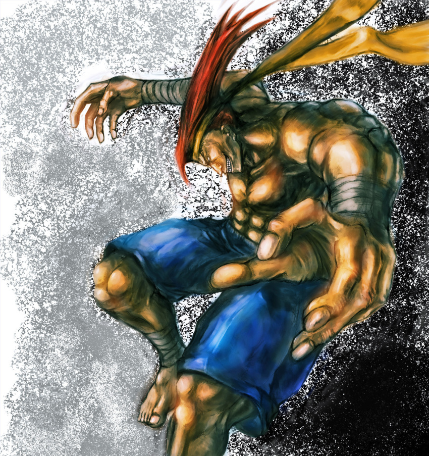 adon ankle_wraps bad_id bandage bandages barefoot highres mongkhon muscle pointy_hair red_hair redhead shorts solo street_fighter teeth veins wrist_wraps