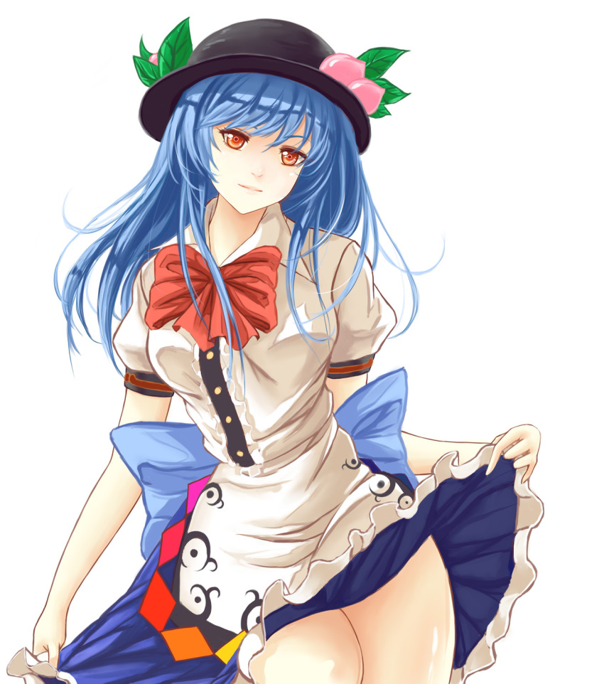 1girl blue_hair food fruit hat highres hinanawi_tenshi leaf long_hair peach red_eyes simple_background skirt skirt_lift smile solo touhou white_background x&amp;x&amp;x