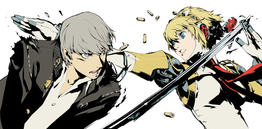 android arc_system_works battle blonde_hair blue_eyes casing_ejection glasses grey_eyes grey_hair highres narukami_yuu official_art persona persona_3 persona_4 persona_4:_the_ultimate_in_mayonaka_arena robot_joints school_uniform shell_casing short_hair simple_background sword torn_clothes weapon