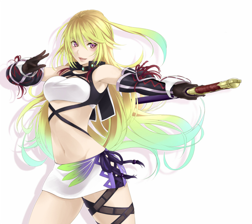 bare_shoulders blonde_hair elbow_gloves gloves gradient_hair long_hair midriff milla_maxwell miniskirt multicolored_hair navel nidoro open_mouth pose purple_eyes scabbard sheath simple_background skirt solo sword tales_of_(series) tales_of_xillia thigh_strap tubetop violet_eyes weapon