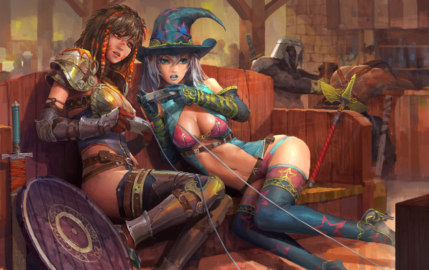2girls breasts cleavage console face_paint fantasy girls_playing_games hat molybdenumgp03 orc playing_games shield tavern thighhighs wand witch witch_hat zettai_ryouiki