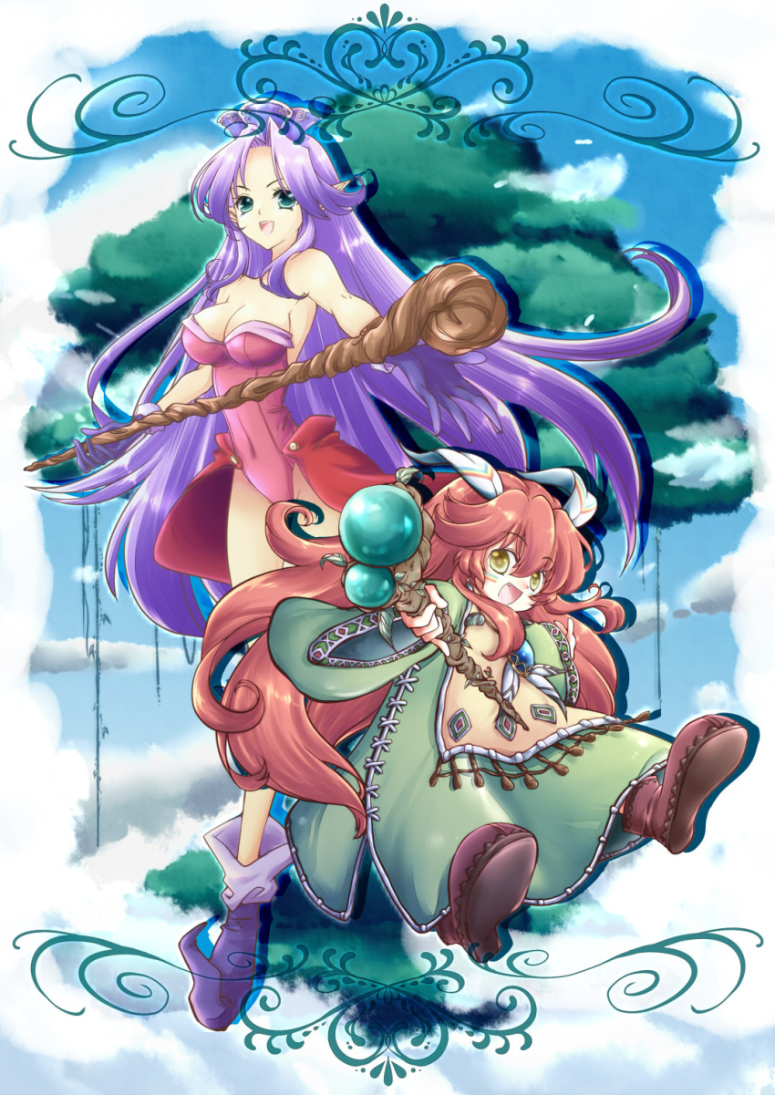 1girl :d androgynous angela breasts cleavage crossover feathers gem green_eyes hair_ornament hairpin happy hat highleg highleg_leotard highres imahia large_breasts legs leotard long_hair open_mouth oversized_clothes popoie purple_hair red_hair redhead robe seiken_densetsu seiken_densetsu_2 seiken_densetsu_3 shoes smile thighs wand yellow_eyes