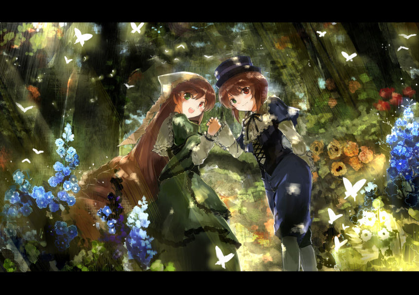2girls butterfly corset dress flower green_dress hat heterochromia holding_hands letterboxed long_sleeves looking_at_viewer multiple_girls open_mouth pants rozen_maiden shirt smile souseiseki suiseiseki ultimate_asuka