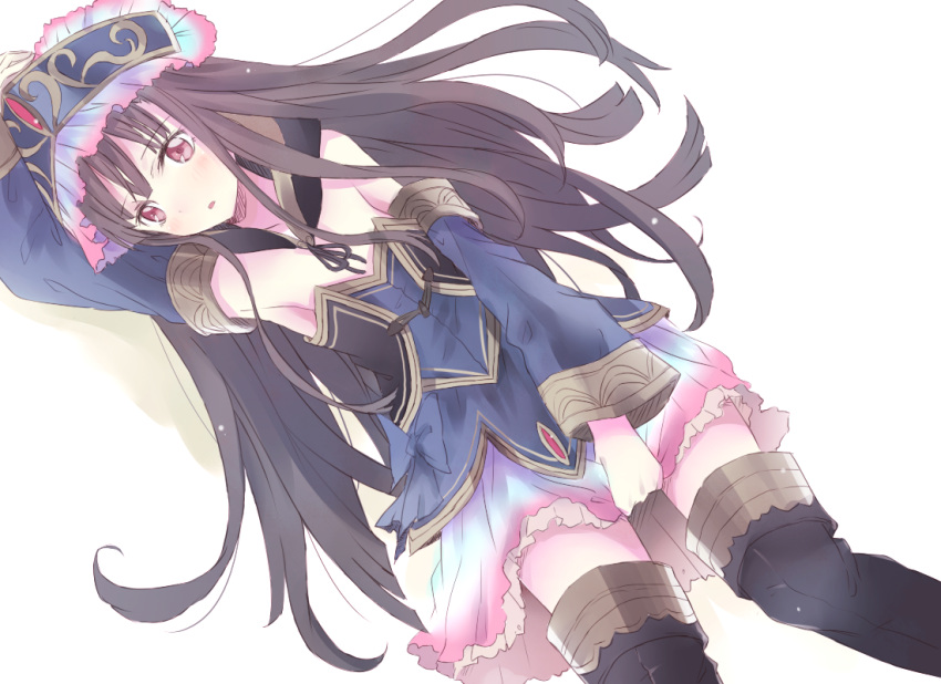 atelier_meruru atelier_totori blush boots brown_hair cosplay detached_sleeves dress hand_on_hat hat long_hair maromi_(am97) mimi_houllier_von_schwarzlang open_mouth purple_eyes simple_background skirt skirt_tug solo standing thighhighs totooria_helmold totooria_helmold_(cosplay) violet_eyes