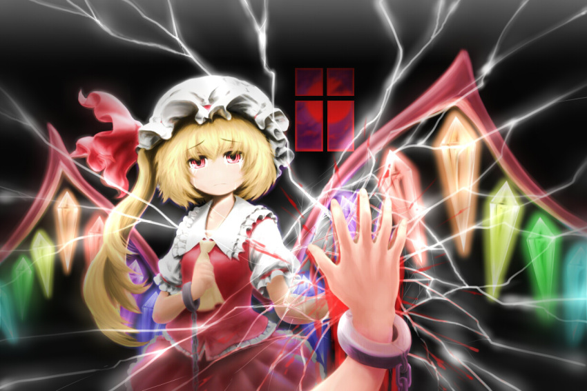 ascot bad_id blonde_hair blood broken_mirror chain chains crack cuffs flandre_scarlet full_moon hand_on_mirror hand_on_own_chest hand_to_chest handcuffs hands hat hat_ribbon madenka mirror moon red_eyes red_moon reflection ribbon sad short_hair side_ponytail skirt skirt_set solo tears the_embodiment_of_scarlet_devil touhou window wings