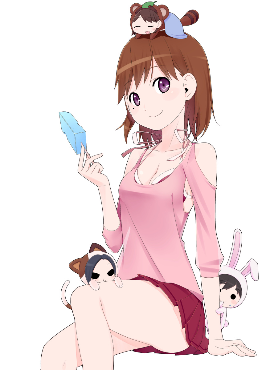 anegasaki_nene animal_costume breasts brown_hair casual chibi cleavage highres kobayakawa_rinko kugatsu_takaaki love_plus mole popsicle short_hair takane_manaka