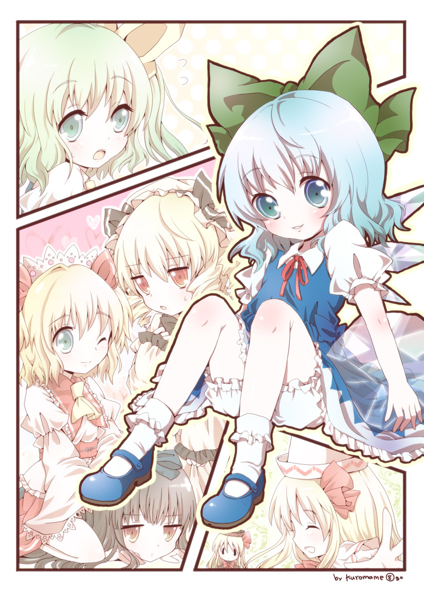 ascot blonde_hair bloomers blue_dress blue_eyes blue_hair bobby_socks bow brown_hair cirno closed_eyes daiyousei dress drill_hair dual_persona eyes_closed fairy flat_gaze green_eyes green_hair hair_bow hair_ribbon happy hat highres ice_block kuromame_(8gou) lily_black lily_white luna_child maid_headdress mary_janes multiple_girls open_mouth red_eyes ribbon shirt shoes side_ponytail sitting skirt smile socks star_sapphire sunny_milk touhou wings wink yousei_daisensou