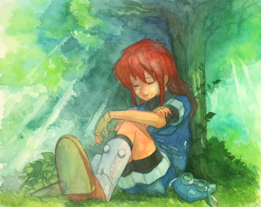 armor boots closed_eyes eyes_closed fingerless_gloves gloves goggles grandia grandia_i hat hat_removed headwear_removed justin lio_(lune24) long_hair male nature red_hair redhead shorts sitting sleeping solo sunbeam sunlight traditional_media tree watercolor_(medium)