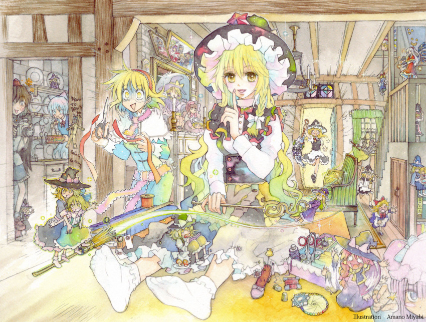 &gt;_&lt; alice_margatroid alice_margatroid_(pc-98) amano_miyabi apron black_hair blonde_hair blue_eyes blue_hair blush_stickers bobby_socks book bookshelf bow bowtie braid broom broom_surfing camera candle carving character_doll checkerboard_cookie cirno cookie crack crossed_arms cup curtains cutting doll door dress eating fang finger_to_mouth fingernails fireplace fish flandre_scarlet flying food food_in_mouth footwear geta grey_hair hair_bobbles hair_bow hair_ornament hair_ribbon hairband hakurei_reimu hakurei_reimu_(pc-98) hanged hat hat_bow headdress highres holding_hands hourai_doll index_finger_raised iosys_parody kazami_yuuka kirisame_marisa kirisame_marisa_(pc-98) long_hair marisa_stole_the_precious_thing mima minigirl multiple_girls multiple_persona multiple_wings mushroom nail needle no_shoes open_mouth outstretched_arms paparazzi patchouli_knowledge photo_(object) picture pillow pins plate purple_hair pyonta raised_finger reading red_hair ribbon riding room running scissors sewing_kit shameimaru_aya shanghai_doll shelf shinki short_hair side_braid side_ponytail signature single_braid single_shoe sitting skirt smile socks spoo stained_glass stairs star string surprised teapot teardrop thread time_paradox tokin_hat touhou touhou_(pc-98) traditional_media turn_pale v wand waraningyou white_legwear window wings witch_hat wooden_floor yellow_eyes yukkuri_shiteitte_ne