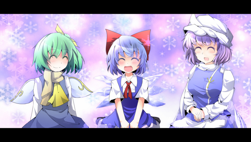 ^_^ ascot blue_dress blue_eyes blue_hair bow cirno closed_eyes daiyousei dress eyes_closed fairy green_hair hair_bow hat hiro_(pqtks113) ice letterboxed letty_whiterock long_hair multiple_girls open_mouth purple_hair ribbon scarf seiza shoes short_hair side_ponytail sitting smile snowflakes touhou wings