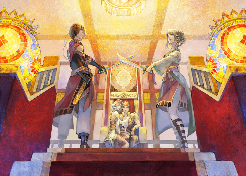 age_difference blue_eyes brother_and_sister family flare_en_kuldes gensou_suikoden gensou_suikoden_iv harusaki_miho headband highres husband_and_wife lazlo lino_en_kuldes mother_and_daughter mother_and_son queen_of_obel robe siblings suikoden suikoden_iv sword weapon