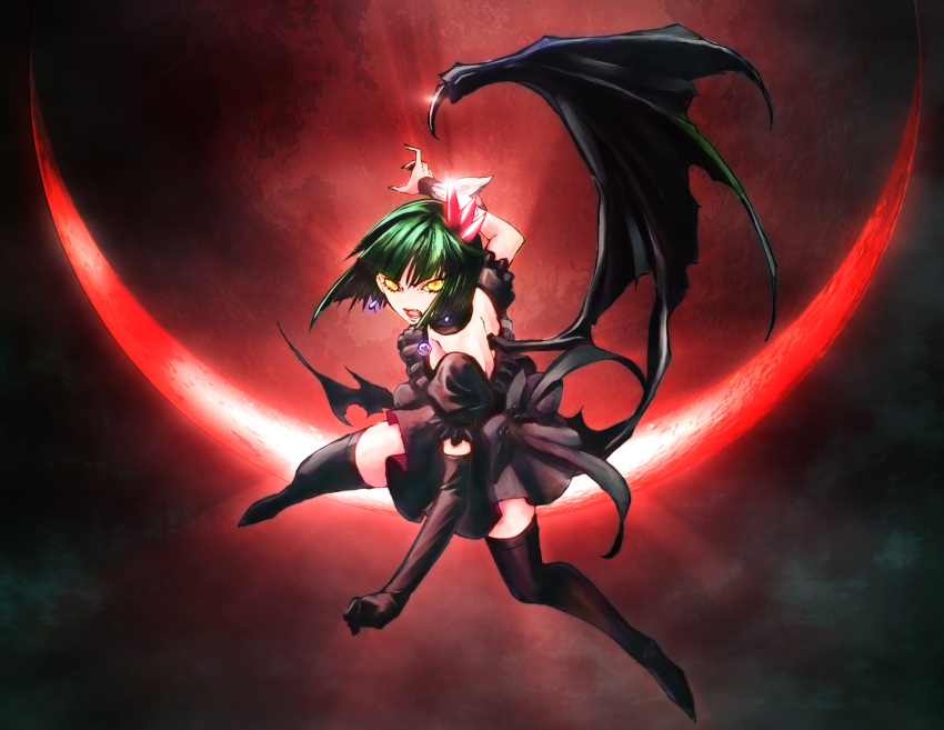 bare_shoulders black_legwear boots choker curegolgom dark_precure derivative_work dress fighting_stance green_hair heartcatch_precure! moon open_mouth petty_cure precure short_hair single_elbow_glove single_glove single_wing solo thigh-highs thigh_boots thighhighs wings wrist_cuffs yellow_eyes