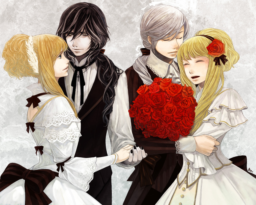 black_hair blonde_hair blue_eyes bouquet closed_eyes couple cravat cross dress dual_persona elisabeth_von_wettin elyse eye_contact eyes_closed feathers flower formal hair_feathers hair_flower hair_ornament hair_ribbon hairband hand_holding highres holding_hands jewelry katsura_(+araka) looking_at_another marchen marchen_von_friedhof marz_von_ludowing multicolored_hair nail_polish necklace necktie open_mouth payot ponytail red_rose ribbon rose silver_hair smile sound_horizon striped two-tone_hair waistcoat wavy_hair white_dress yellow_eyes