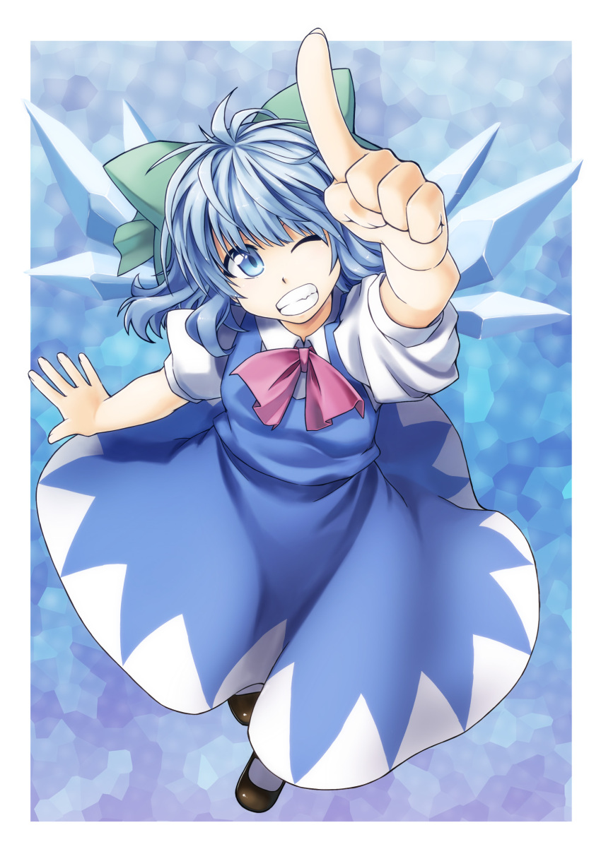 absurdres alto-00 blue_dress blue_eyes blue_hair cirno clenched_teeth dress hair_ornament hair_ribbon highres ice pointing ribbon short_hair solo touhou wings wink
