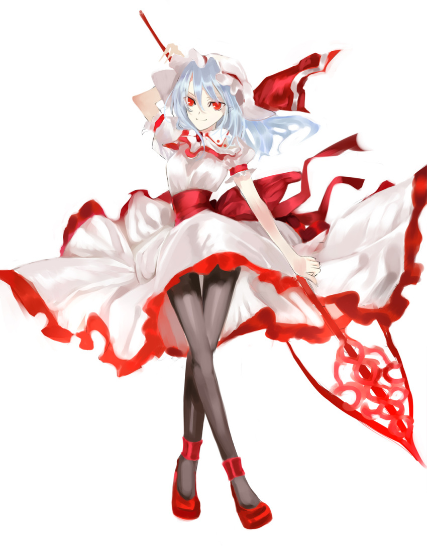 black_legwear blue_hair brooch dress glowing glowing_eyes hat highres jewelry kol49 no_wings pantyhose pointy_ears polearm red_eyes red_shoes remilia_scarlet shoes short_hair simple_background slit_pupils solo spear spear_the_gungnir standing touhou weapon