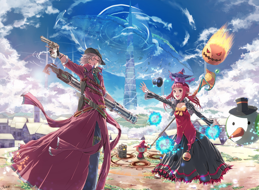 bad_id bow cloud dungeon_and_fighter earrings gatling_gun grey_hair gun gunner_(dungeon_and_fighter) hat highres holster jewelry jname mage_(dungeon_and_fighter) magic_circle necktie pointy_ears red_eyes red_hair revolver signature sky snowman staff top_hat tower trench_coat trigger_discipline twintails weapon witch_hat