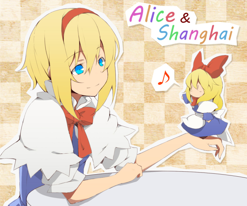 alice_margatroid bad_id blonde_hair blue_eyes capelet character_name checkered checkered_background doll hairband hotto_kan ichi-jirushi musical_note shanghai_doll solo touhou