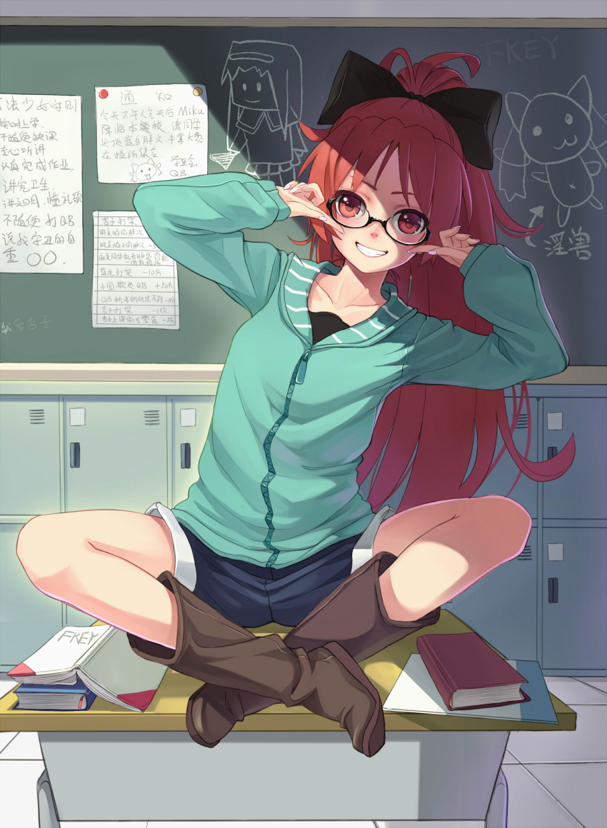 akemi_homura bespectacled book boots bow cameo chalkboard chinese collarbone cutoffs denim denim_shorts fingersmile fkey glasses grin hair_bow highres hoodie indian_style kyubey long_hair mahou_shoujo_madoka_magica nail_polish pointing pointing_at_self ponytail red_eyes red_hair redhead sakura_kyouko shade shorts sitting sitting_on_desk smile solo translated