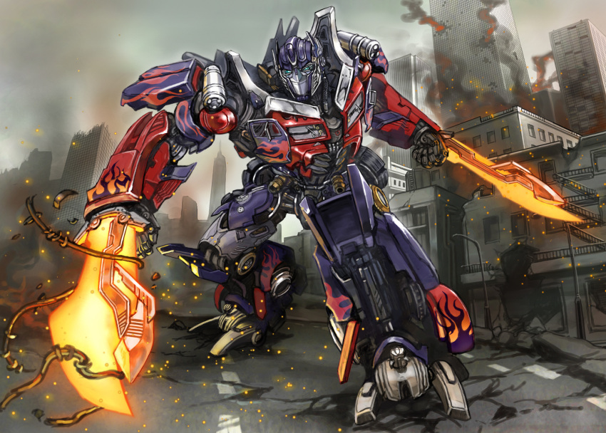 autobot battlefield blades blue_eyes building city damaged destruction epic faceplate fire glowing glowing_eyes mecha optimus_prime robot smoke solo touge_(kubiwa_tsuki) transformers transformers_(film) weapon