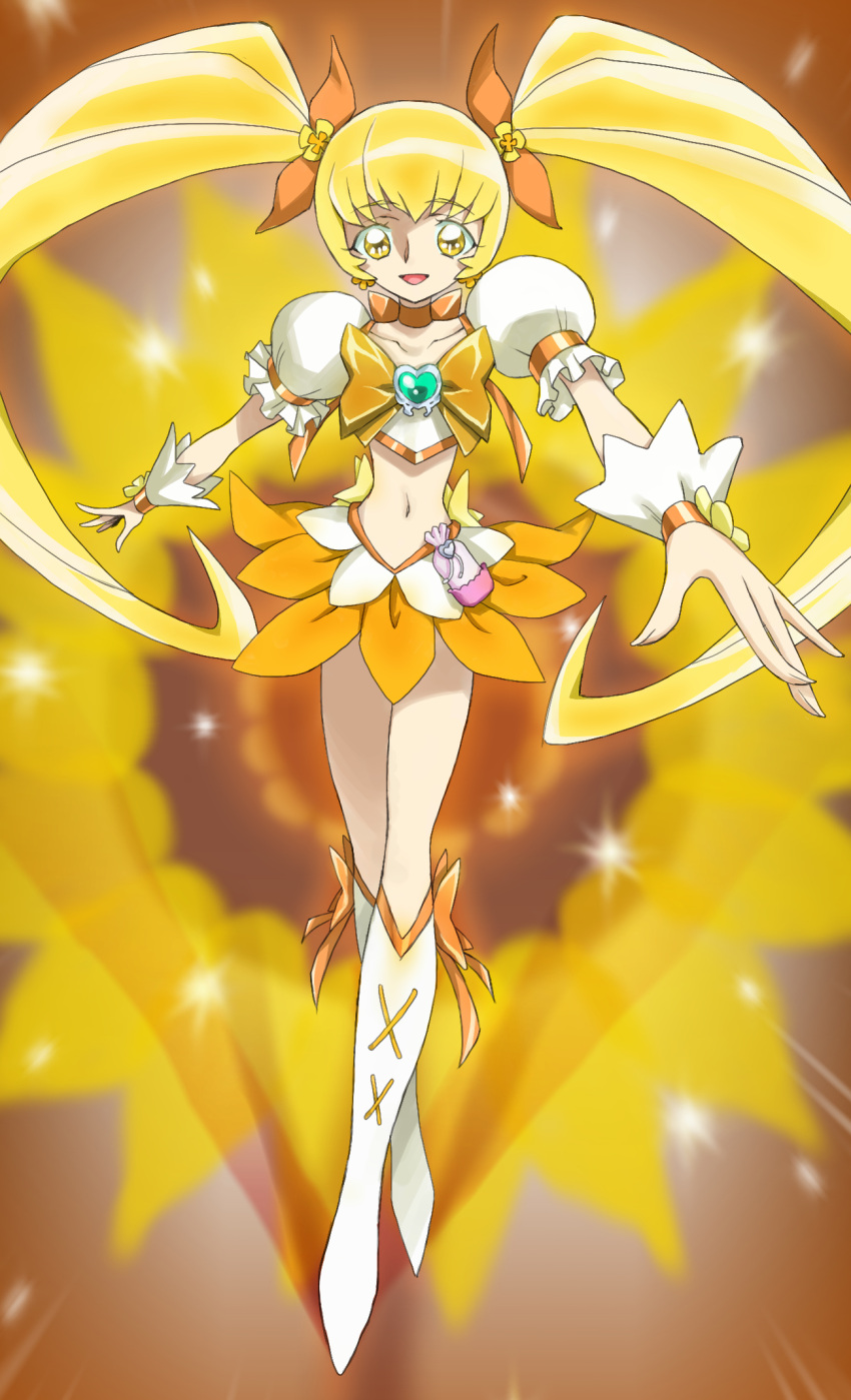 blonde_hair boots bow brooch choker cure_sunshine dress flower hair_ribbon heartcatch_precure! highres jewelry long_hair magical_girl midriff myoudouin_itsuki navel precure ribbon shijoh smile solo sunflower twintails wrist_cuffs yellow yellow_eyes