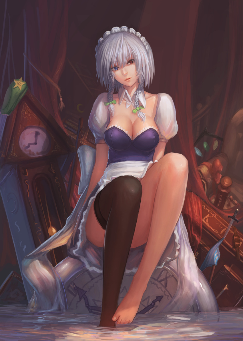 absurdres barefoot black_legwear blue_eyes bow braid breasts cleavage clock collarbone dagger detached_collar erect_nipples hair_bow hat head_tilt heterochromia highres izayoi_sakuya large_breasts legs lips looking_at_viewer maid_headdress no_bra no_pants open_mouth panties partially_submerged realistic red_eyes silver_hair single_thighhigh sitting soaking_feet solo striped striped_panties submerged thighhighs touhou twin_braids underwear water weapon youyi_(ww5413203)